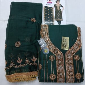 Women's Deep Green Cotton Embroidered Salwar Suits & Dress Materials